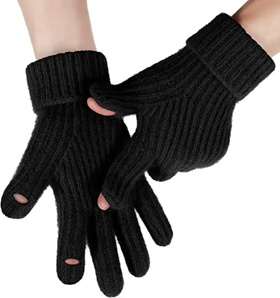 Winter Cable Knit Gloves Touchscreen Texting Palm Patches Soft Thick Warm Fleece Lined Anti-Slip Gloves for Women