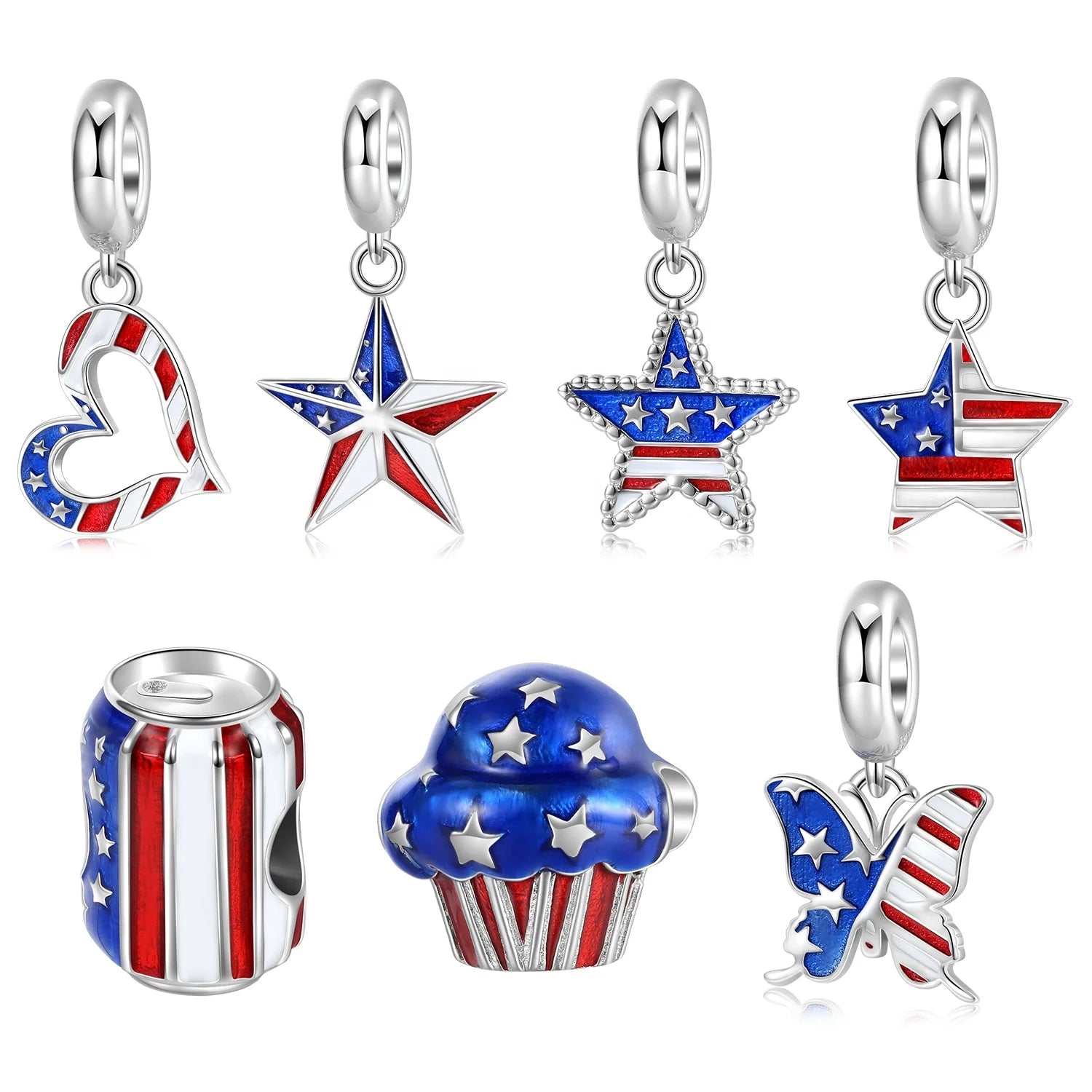 American Flag Pendant Fine 925 Sterling Silver Heart Shape Beads for Independence Day Women Charm Bracelet Jewelry Dropshipping