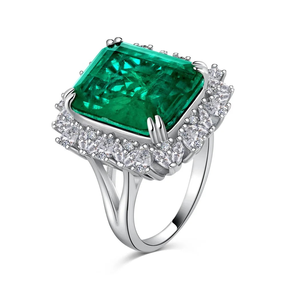 925 Sterling Silver Luxury Paraiba High Carbon CZ Emerald Ring Rhodium Plated Prong Setting Elegant Style Women's