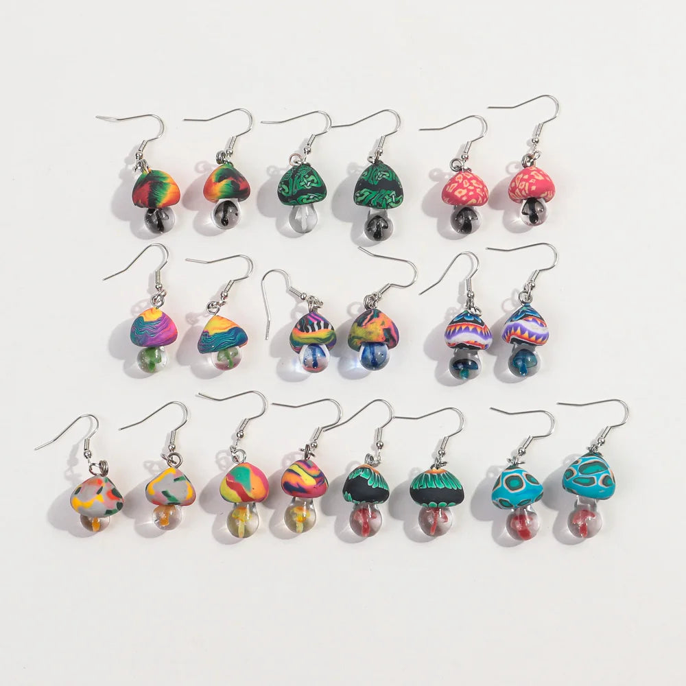 Fashion Creative Colorful Transparent Mushroom Earrings Cute Pastoral Style Polymer Clay Earrings for Women