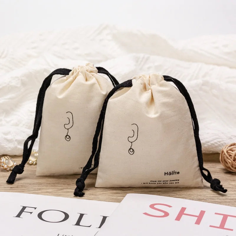 Recyclable Custom Logo Small Large Organic Natural 100% Cotton  Bag for Storage Double String Pouch for Gifts Dust Bag