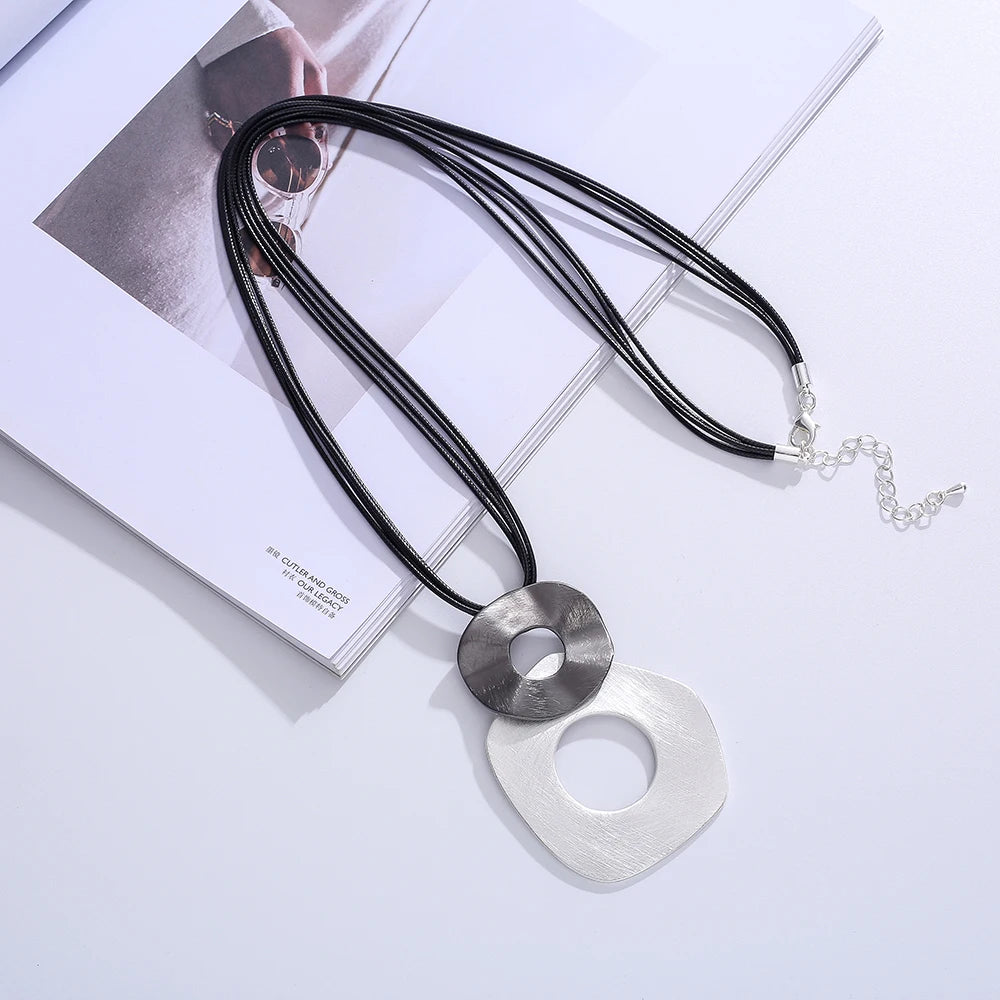 TongLing European Black Multi Black Rope Layered Necklace Two Tone Big Large Irregular Loop Circle Ring Pendant Necklace