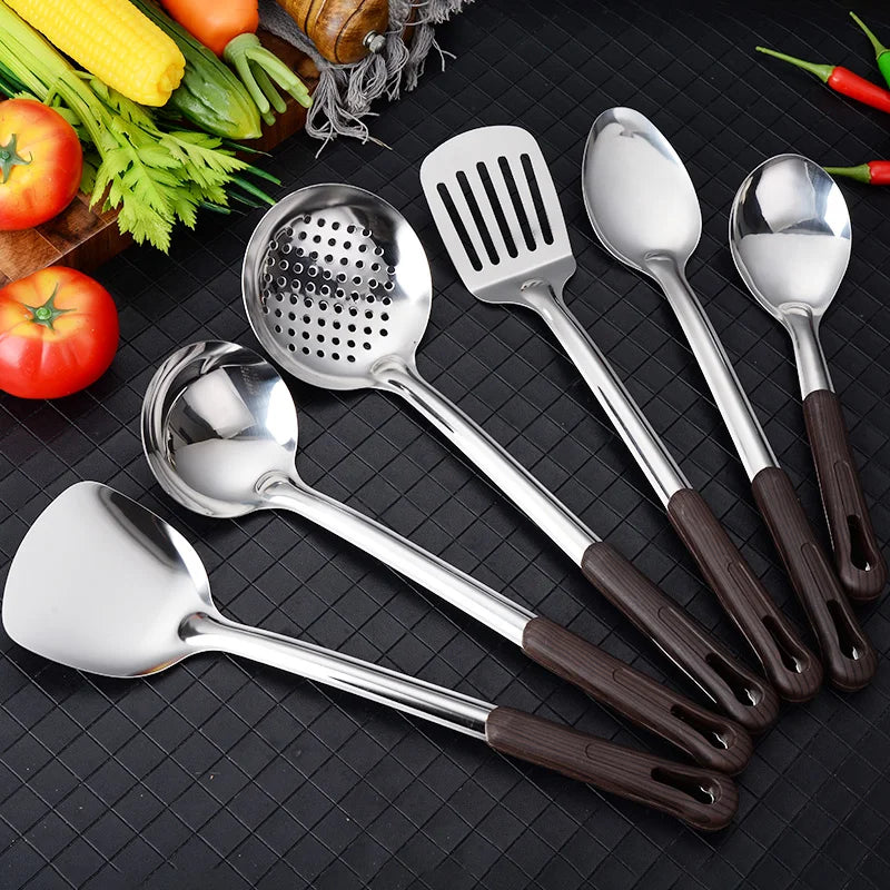Wholesale 6pcs Stainless Steel Kitchen Cooking Utensils Wood Grain Handle Spatula Ladle Spoon Set Tableware Accessories