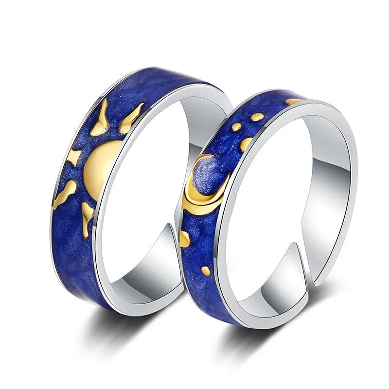 Creative Blue Color Moon Sun Combination Rings for Women Love Couples Jewelry Rings Vintage Ring Anillos Bague Femme