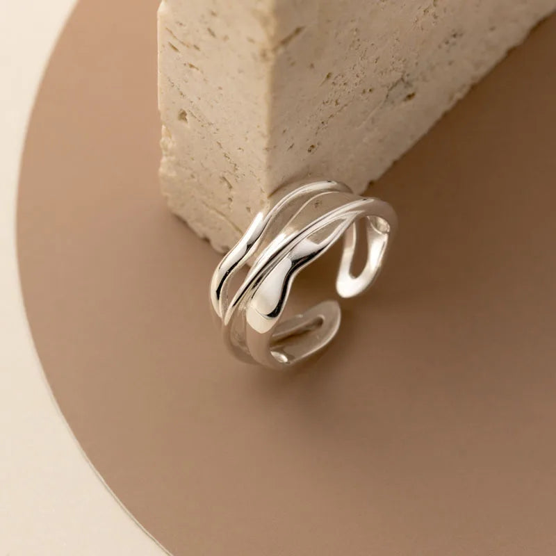 Geometric 925 Sterling Silver Multi-Layer Wave Finger Adjustable Rings Wholesale for Women