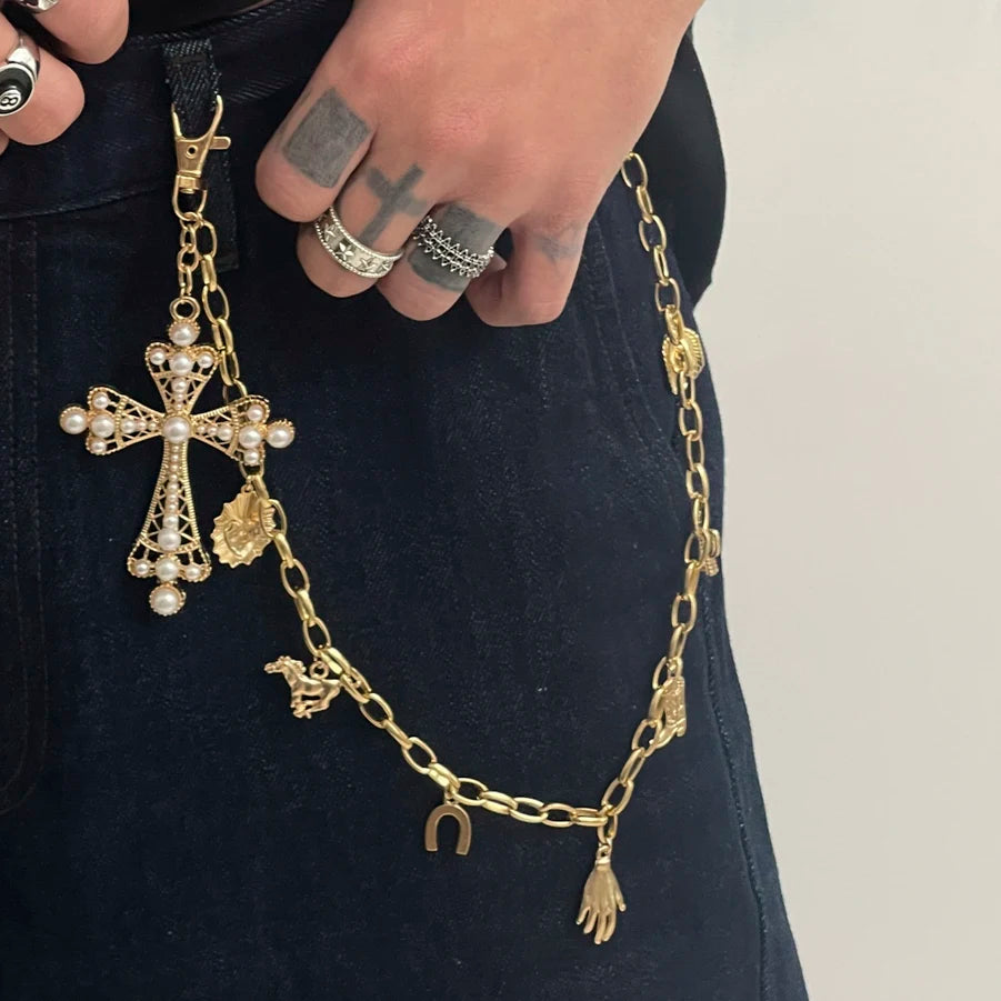 Exaggerated Large Cross Cowboy Hat Heart Pendants Jeans Pants Chains Vintage Street Wear Accessories Fashion Jewelry Accessories