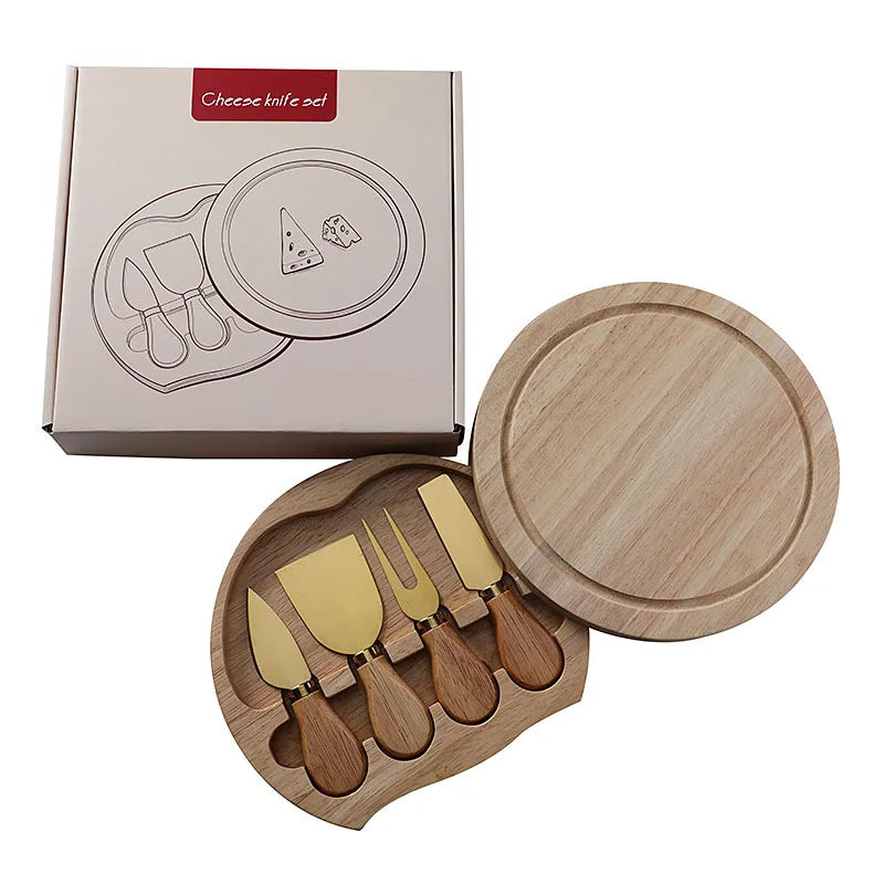 Luxury Round Wooden Bamboo Cheese Board and Knife Set Charcuterie Knife Set Charcuterie Board with 4 Cheese Knives