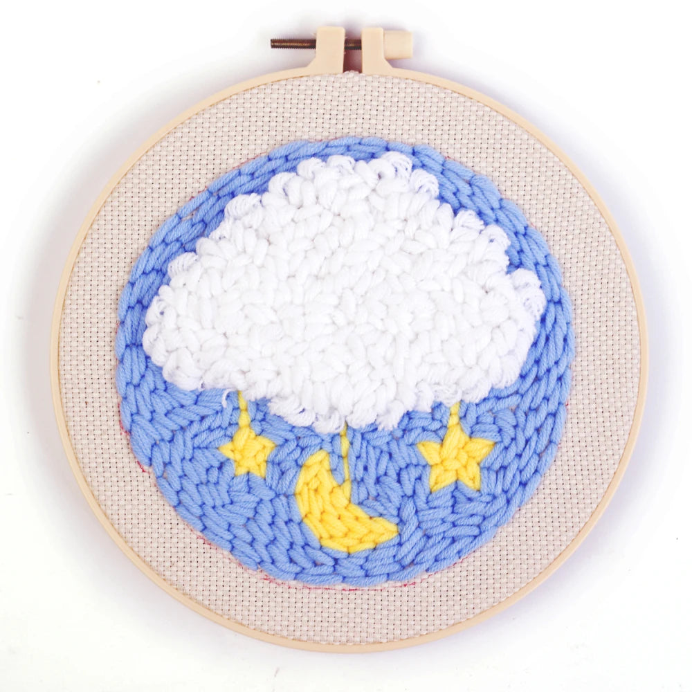 Beginner Cross Stitch Rug Kit 20x20cm Flower Cloud Embroidery Design Cotton Fabric DIY Needlework Hoop Threader Punch Needle