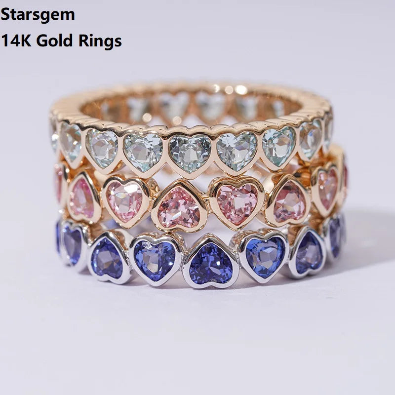 Starsgem Colorful Beautiful Fancy 14k Rose Yellow White Gold Lab Ruby Sapphire Eternity Rings for Sale in Stock