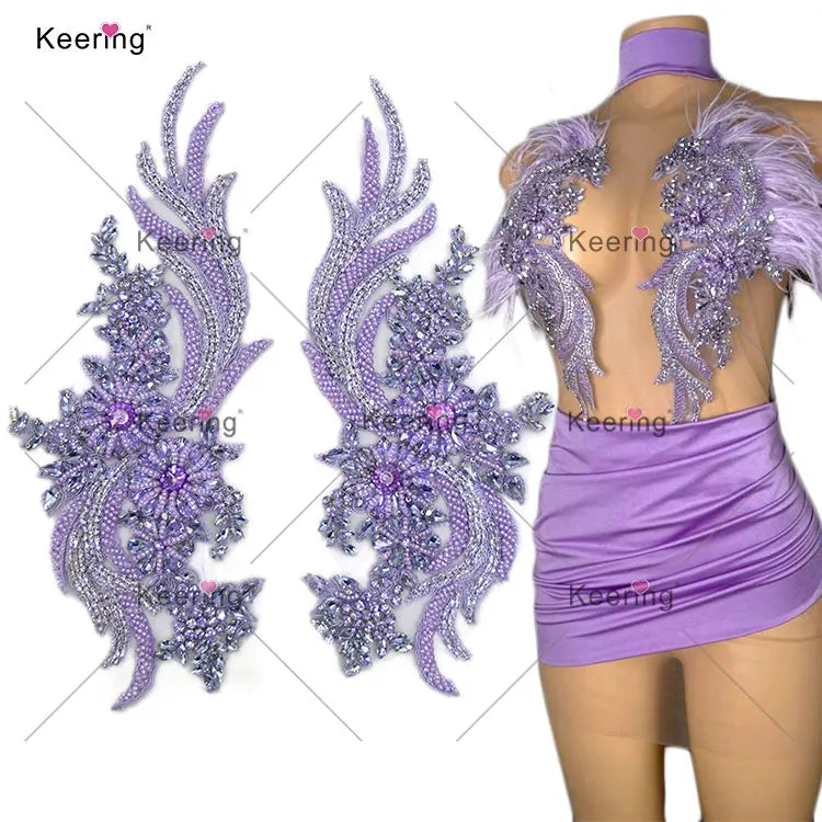WDP-303 Keering New Color Beaded Flower Rose Gold Small Crystal Lavender Rhinestone Bodice Applique Vermelhos for Prom Dress
