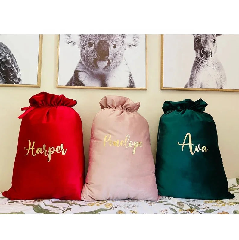 Drawstring Solid Monogram Deer Pattern Velvet Santa Sack Christmas Velvet Indoor Ornament