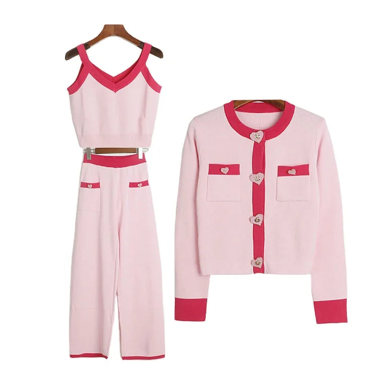 2025 New Arrival Autumn Collection Women Knitted Cardigan With Cropped Top Long Sweater Pants Fashion Three Piece Pants Set