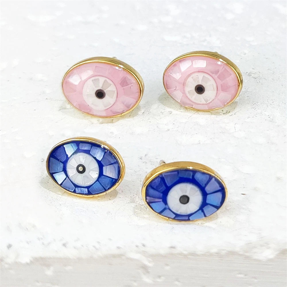 Latest Design S925 Sterling Silver Devil Eyes Oval Stud Earrings Enamel Colorful Turkish Eye Shell Earrings Women Studs Jewelry