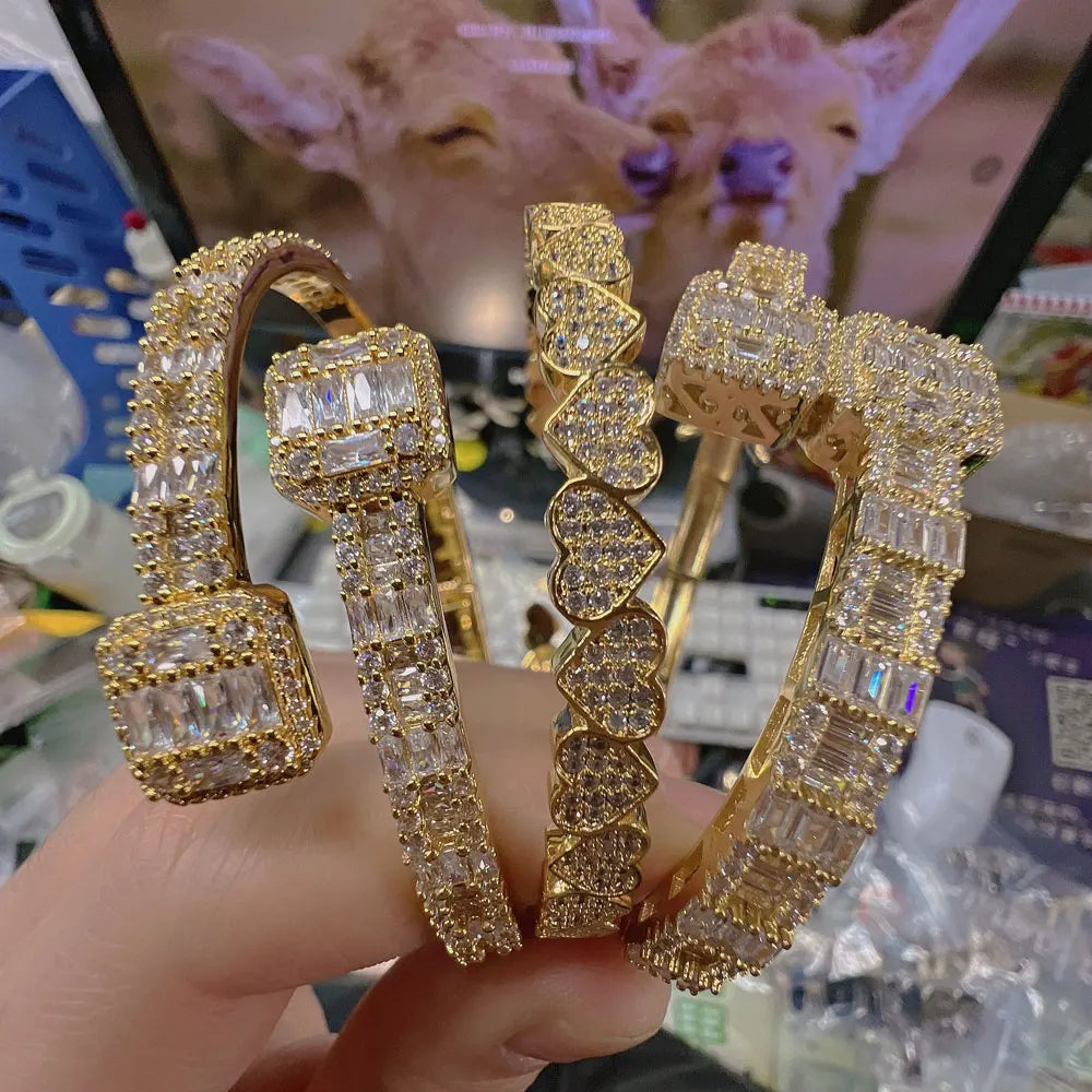 Fashion Men Luxury Jewelry Real Gold Plated Diamond Baguette Zircon White Gold Brass Cuff Bracelets Bangles Women