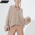 Custom Embroidery Knitted V-Neck Casual Oversized Mohair Cardigan Sweater for Women