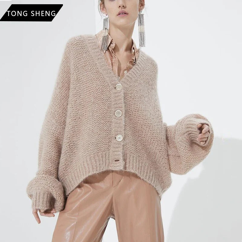 Custom Embroidery Knitted V-Neck Casual Oversized Mohair Cardigan Sweater for Women