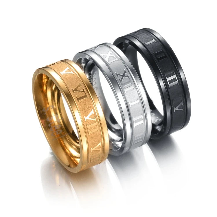 Fashion Tarnish Free 18k Gold Silver PVD Plated 316L Stainless Steel Roman Number Rings Jewelry for Women Men MegaBDM