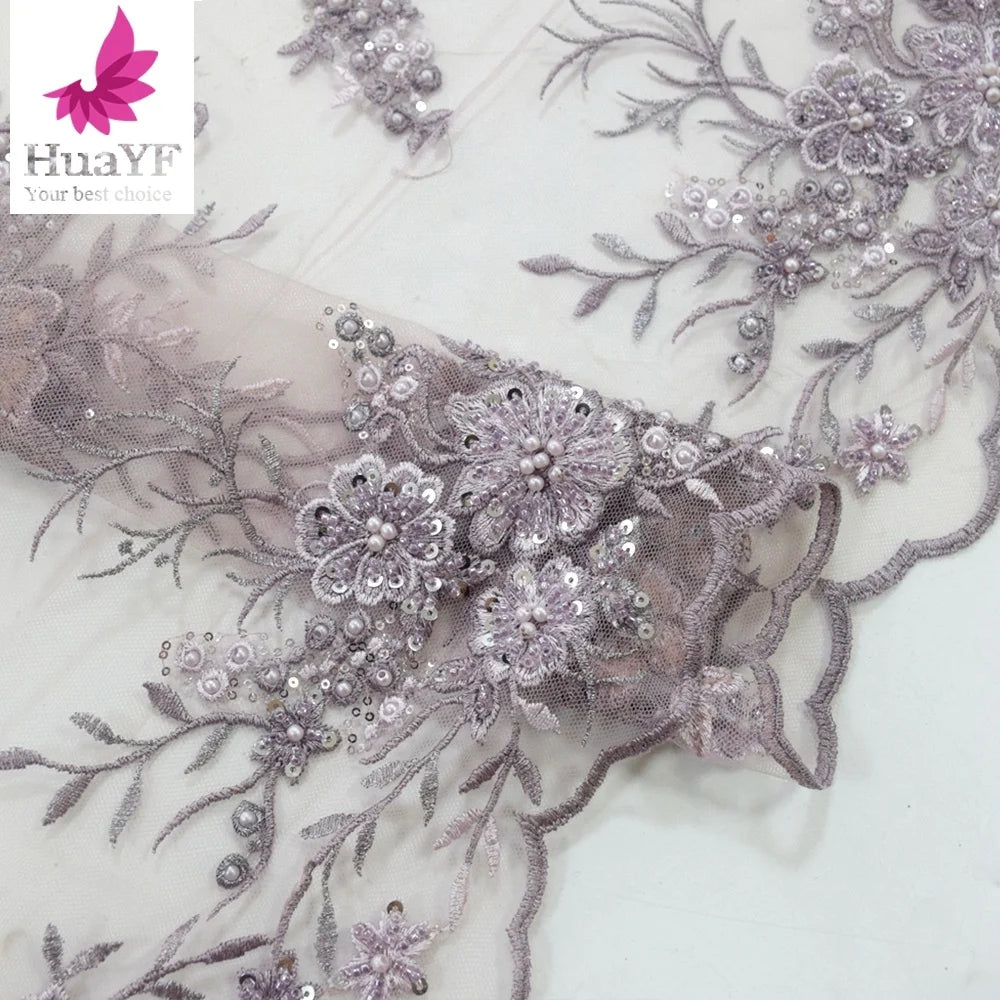 New 3D Applique Mesh Embroidery Beaded Pearls Tulle Lace Fabric With Sequins HY1700-1