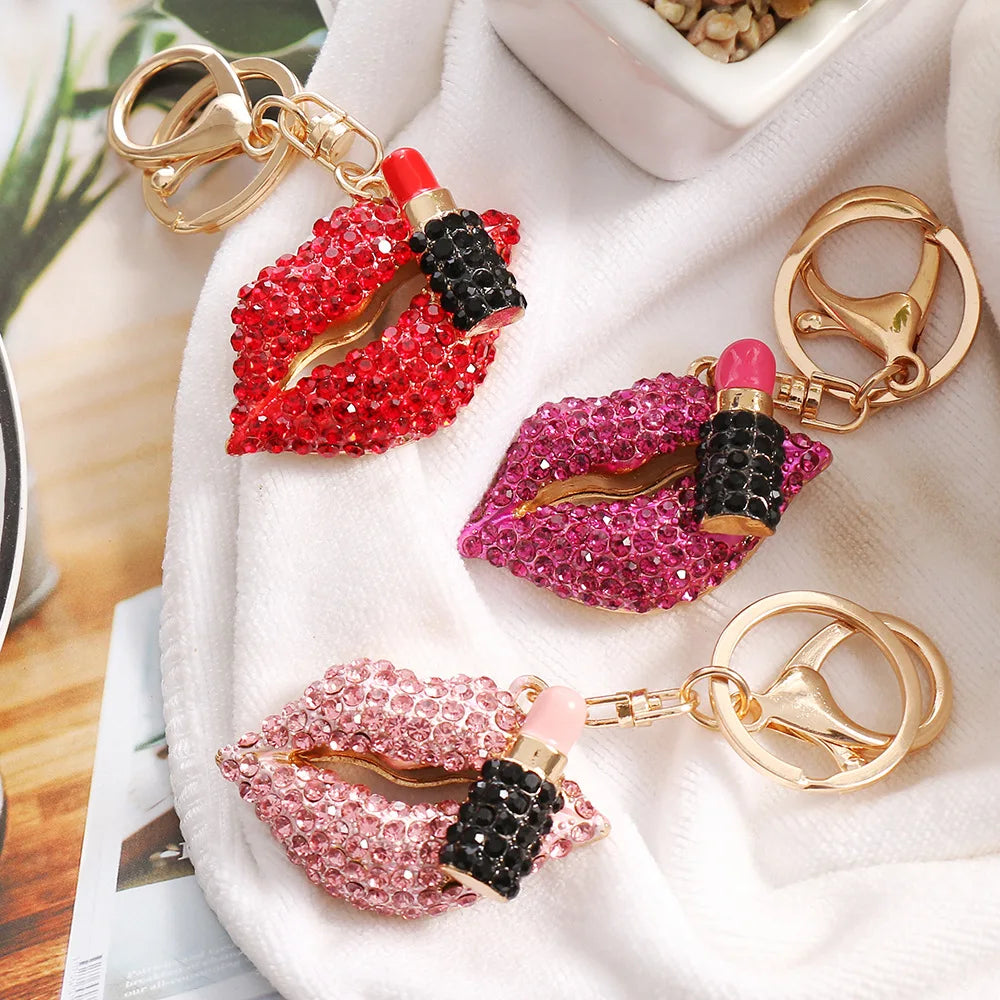 Romantic Lipstick Keychain - Heart Lips Shaped Crystal Keyring Cubic Zirconia Rhinestone Metal Key Chain for Women Gift