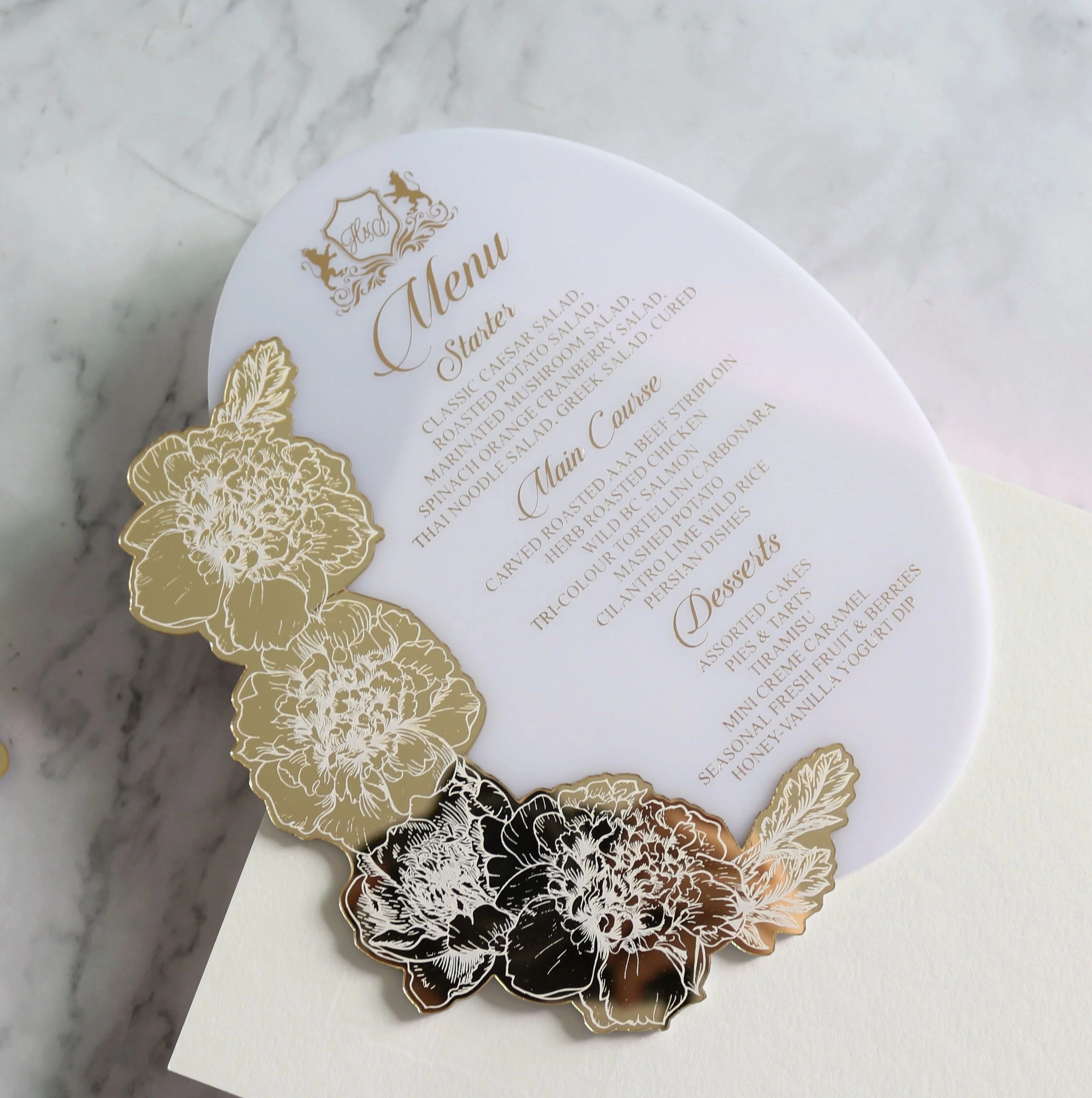 Luxury Unique High End Acrylic Menu Cards with Foiling Printing Floral Theme