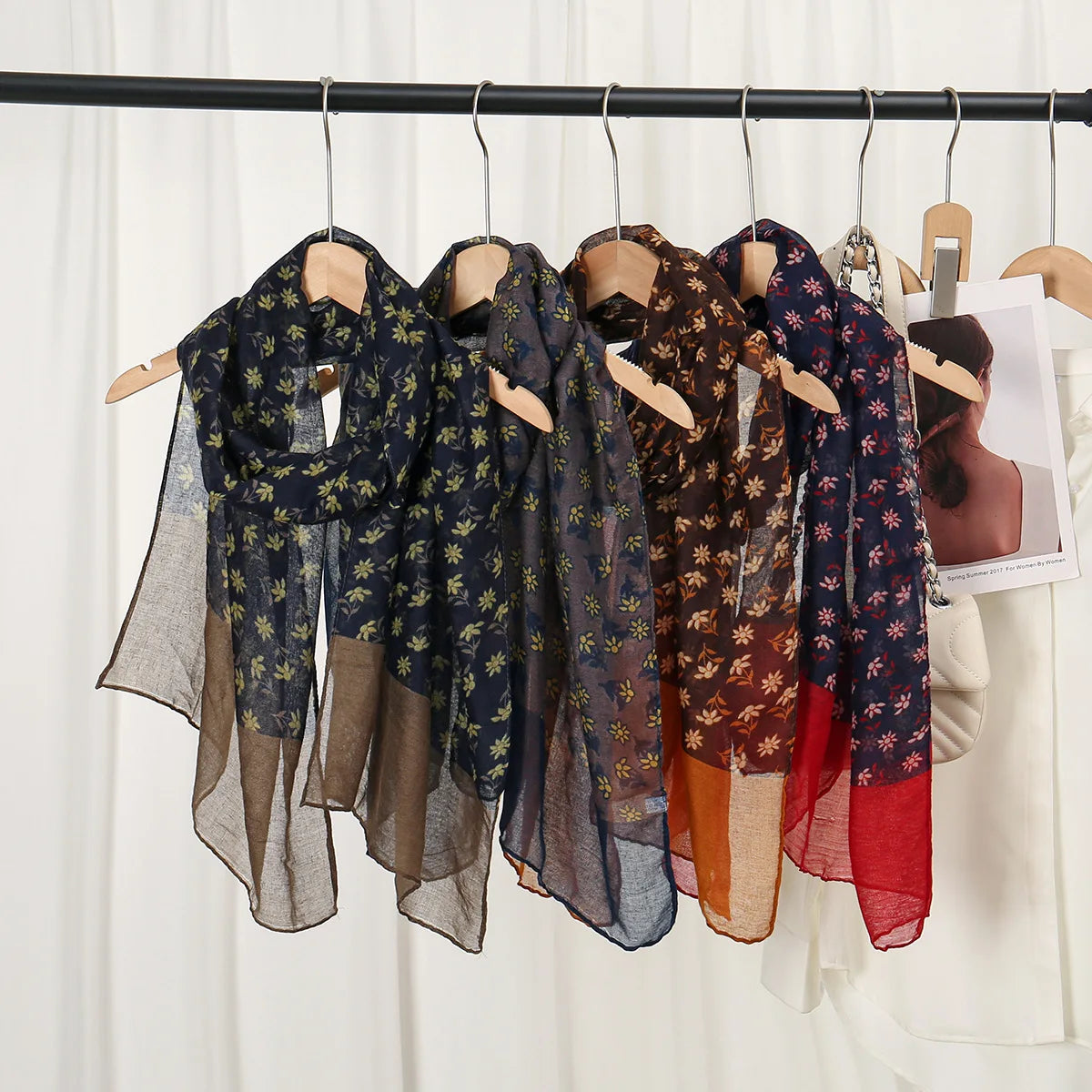 Wholesale Ladies Polyester 180*50cm Flower Color Long Windproof Gauze Scarf Flower Pattern