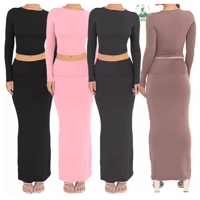 Trendy Long Skirt Two Piece Set Spring 2025 Women Clothes Fashion Soild Casual Skirt Suit Logo Printed Maxi Skirts Set for Women
