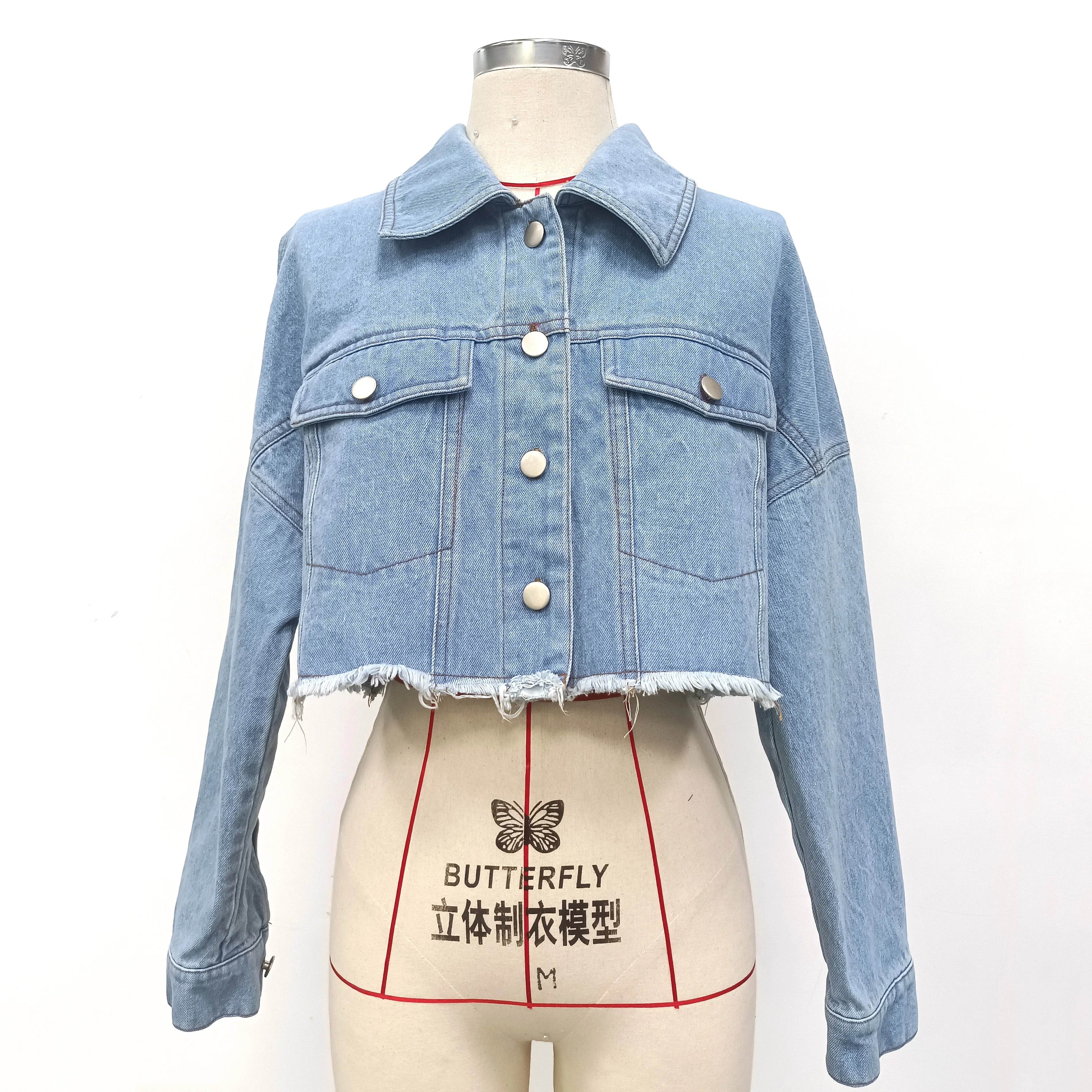 Hot Sale Denim Short Jackets for Women Blue Washing Buttons Tassel Hem Long Sleeve Custom Embroidery logo Jean Jacket