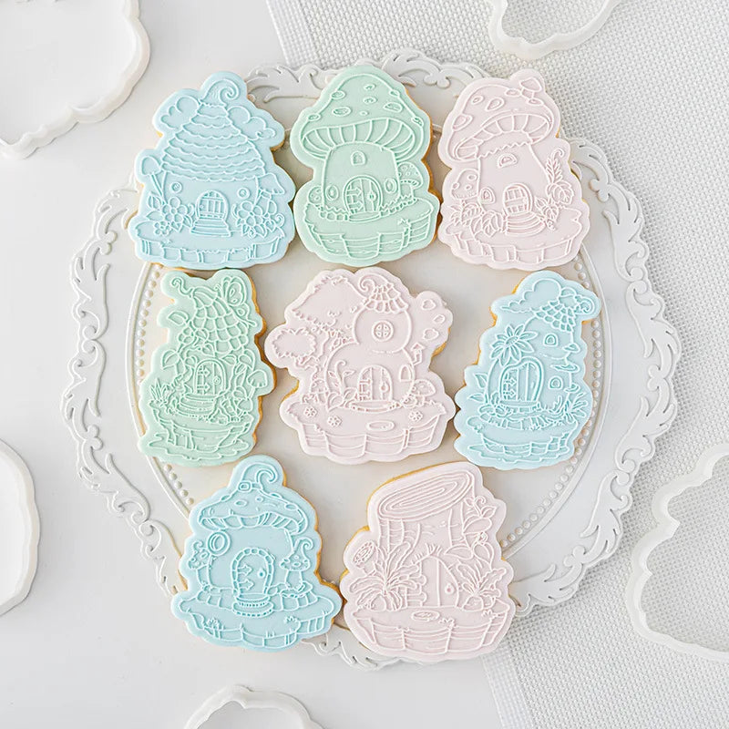 Saffron Mushroom House Acrylic Cookie Cutter Mold Embosser Holiday Candy Land Gingerbread Cookie Kit for Making Cookie Tools