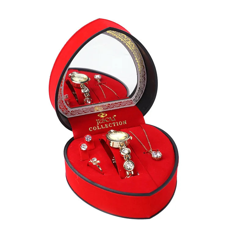 2025 Fashion Love Gift Box Packaging Female Wrist Watches Diamond Necklace Earrings Ring Quartz Watch Set for Women