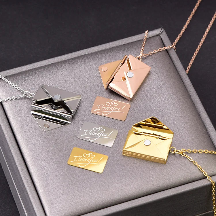 Customized Stainless Steel Jewelry Confession Love You Love Letter Envelope Pendant Necklace for Valentine Day Mother Day Gift