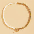 Women Fashion Hip Hop Gold Plated Stitching Sweater Chain OT Clasp Beaded Pearl Necklace