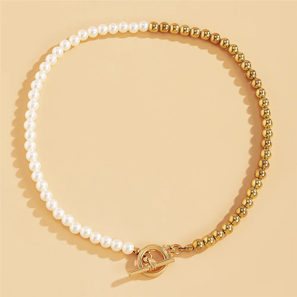Women Fashion Hip Hop Gold Plated Stitching Sweater Chain OT Clasp Beaded Pearl Necklace