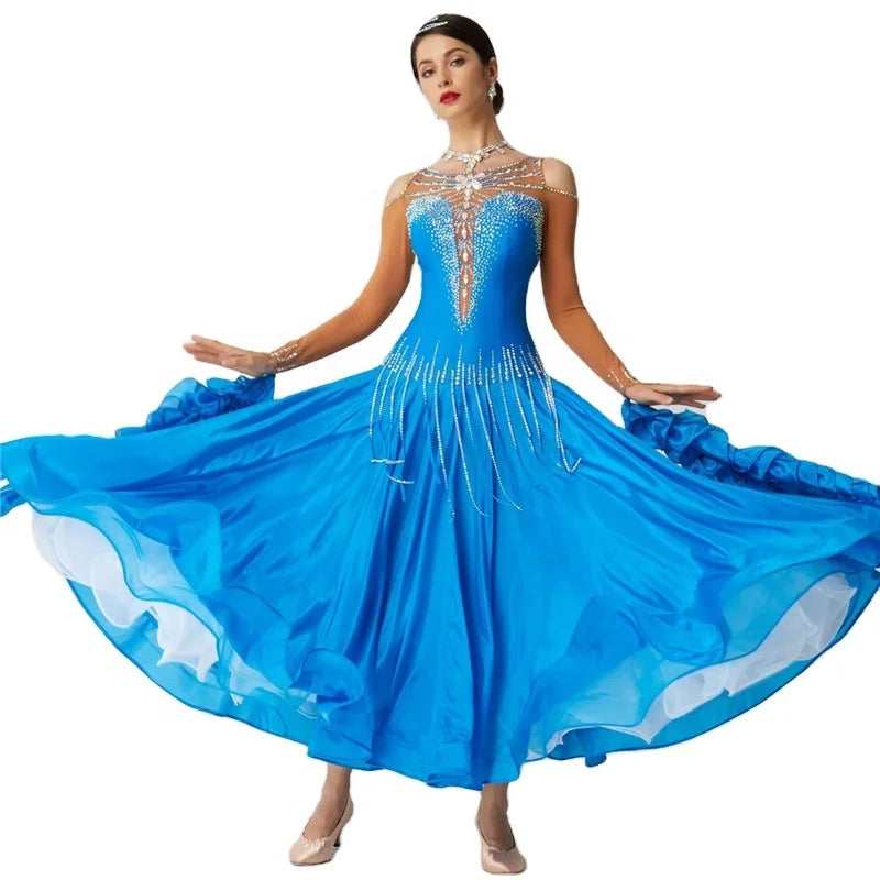 B-20114 Custom Standard Modern Dance Performance Dress Competition Waltz Ballroom Dance Custom Pearl Silk Dress for Sale