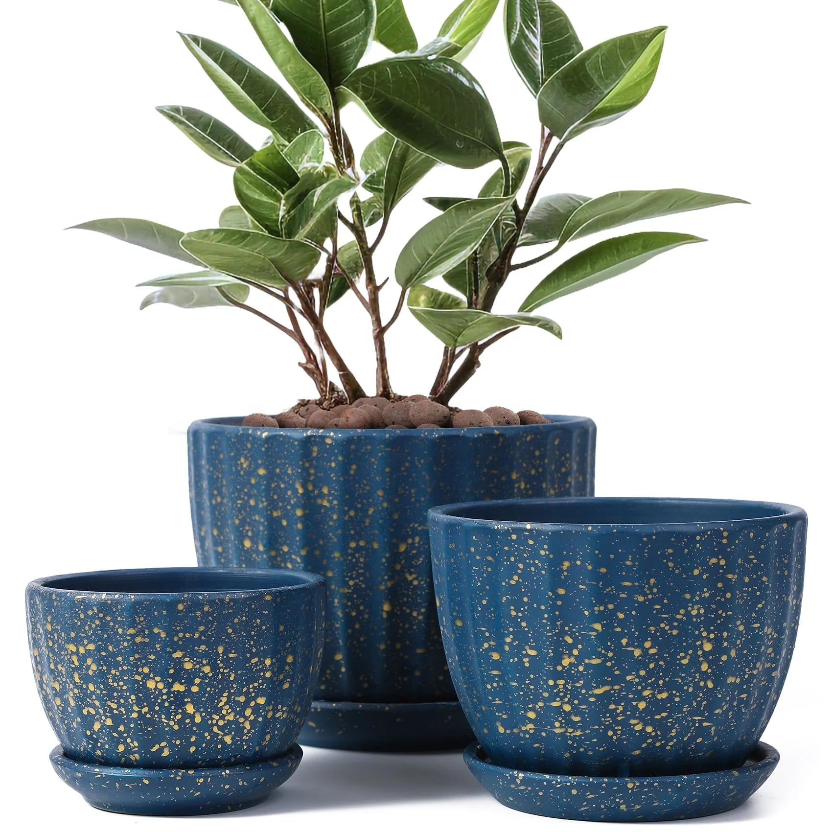Modern Nordic Blue Ceramic Flower Pot Gold Speckle with Tray for Plant Garden Drainage Allow Home Decoration