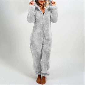 2023 New European and American Autumn and Winter Women's Plush and Thick Plush Jumpsuit Hooded Pajamas
