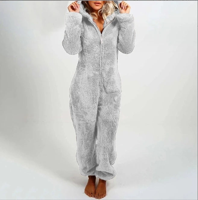 2023 New European and American Autumn and Winter Women's Plush and Thick Plush Jumpsuit Hooded Pajamas