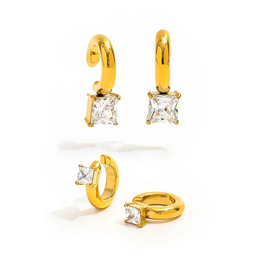 New Trendy Jewelry 18K Gold Plated Chunky Big Square Zirconia Cuff Earring Wholesale Stainless Steel for Women