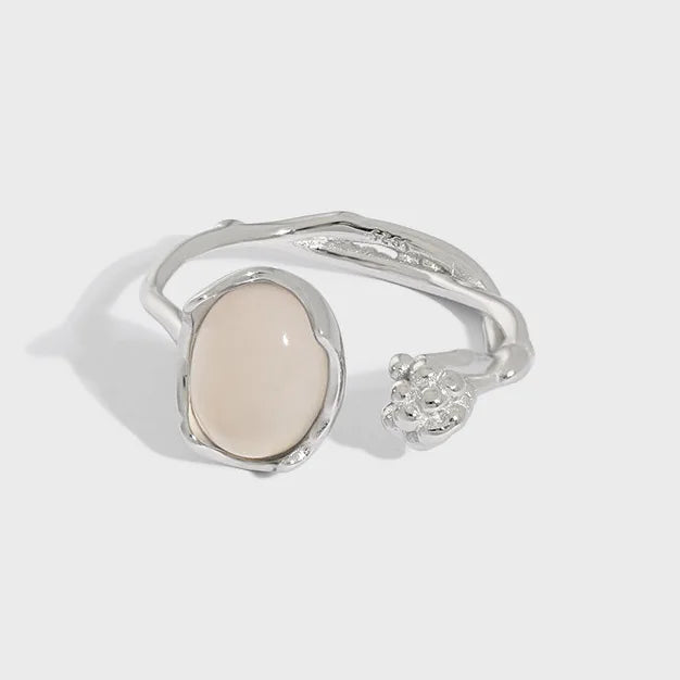 Minimalist Irregular S925 Pure Sterling Silver Oval Round Agate Twist Bands Open Ring for Women