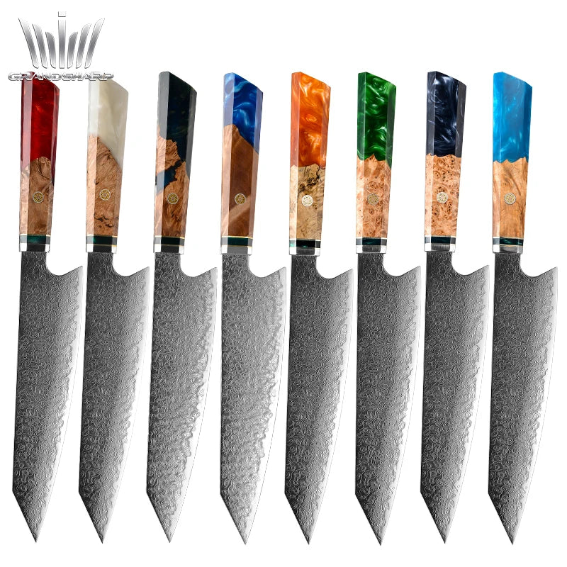Grandsharp 8.2" Real Japanese Kiritsuke Knife Colorful Resin Solifiled Wood 67 Layers Kitchen Tools Slicing Damascus Chef Knife