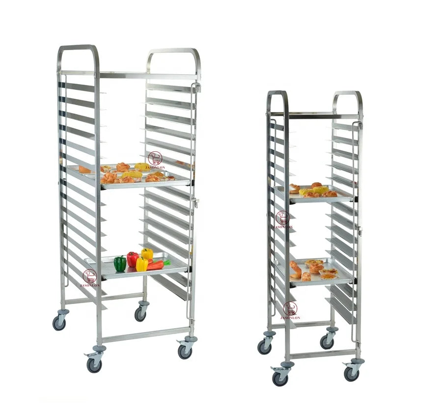 Wholesale Jasonlon Stainless Steel Bakery Bread Cooking Rack Trolley 60*40cm Double Pan 15 Tiers 30-50kg Capacity LFGB Certified