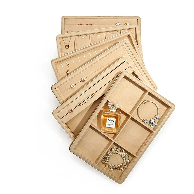 WYP Khaki Suede Leather Jewelry Display Tray Display Stand for Necklaces Earrings Bracelets & Rings Stackable Jewelry Container