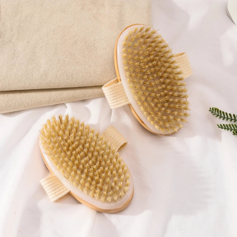 Natural Wooden Bath Body Brush Fashionable Simple Handheld Oval Shape Boar Bristle Brush Cleaning Tool for Dry Skin Exfoliation