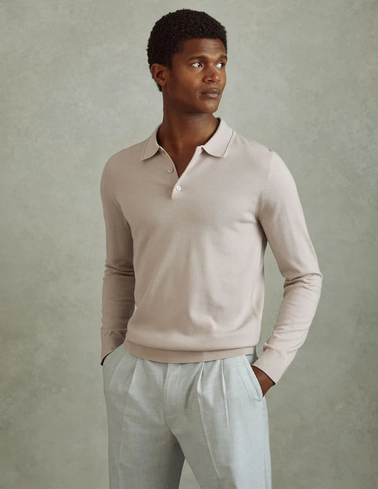 Men's Merino Wool Cable Knit Long Sleeve Pullover Shirt Winter Button Polo in Ecru with Loose Fit Solid Pattern Woolen Knitwear