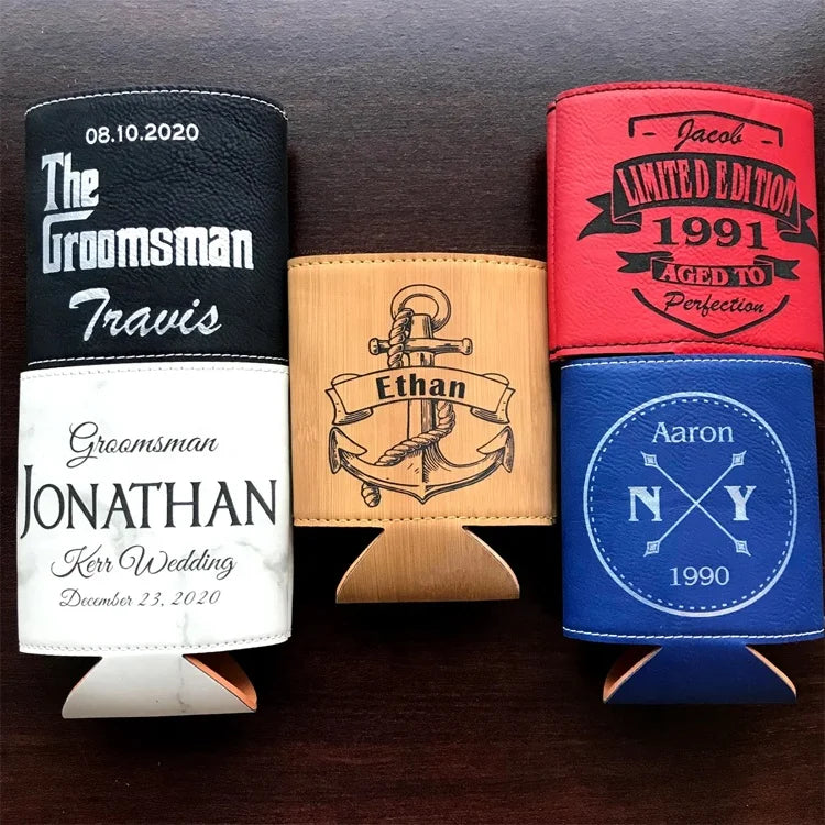 Personalized Laserable Leatherette Beer Stubby Cooler Gifts Water Bottle Holder Sleeve Leather Insulated Beverage Can Cooler