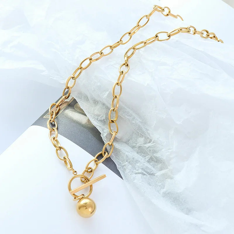 Hotselling Ot Buckle Sweater Cross Stainless Steel Gold Plated Chain Round Ball Circle Pendant Necklace