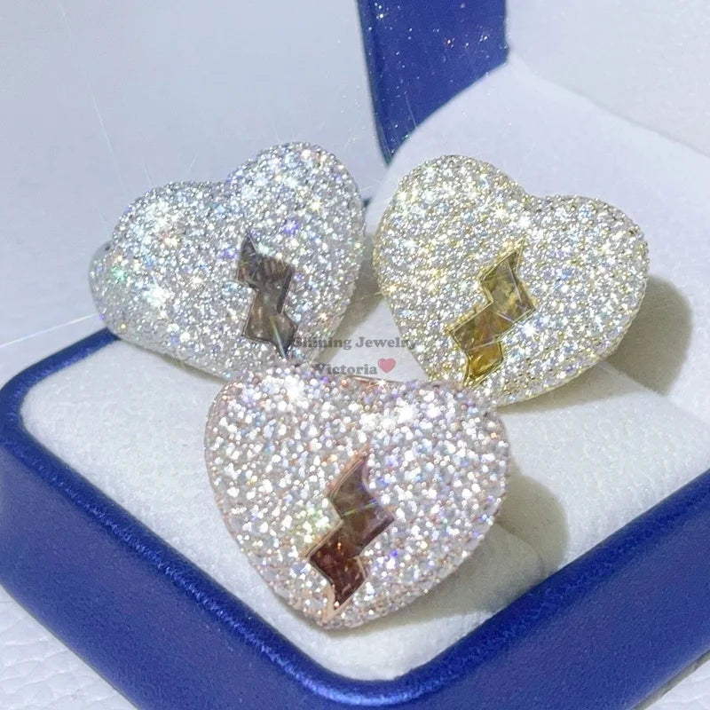Solid Silver Pass Diamond Tester Hip Hop Iced Out Men Broken Heart Vvs Moissanite Ring