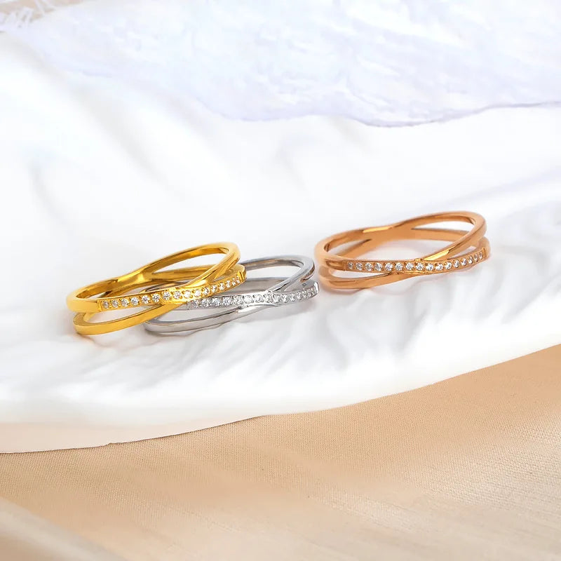 Unique Design New Trendy Jewelry Bling CZ Titanium Stainless Steel Intersect Rotatable Ring Women JZ202205071