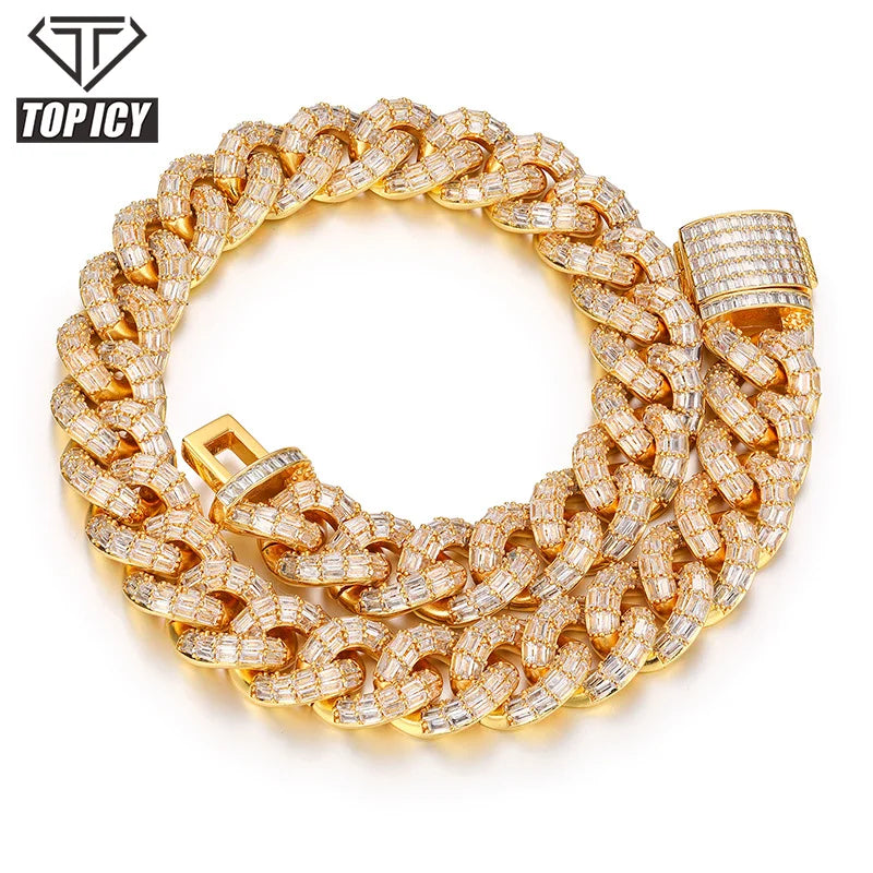 20mm Punk Cz baguette Cuban Link Chain Iced Out baguette Zircon Brass 18k Gold Plated Street Big Cuban Chian for Man