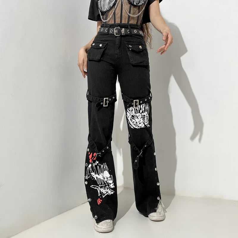 Gothic Bandage Women Baggy Jeans Aesthetic Harajuku Cartoon Print Black Denim Trousers Dark Academia Hight Waist Pants