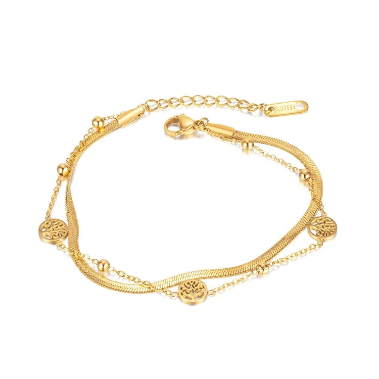 Fashion Bijoux En Acier Inoxydable Stainless Steel Round Life Tree Charms Beads Snake Chain Layer Chain Bracelet